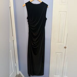 ZARA Black Velvety Evening Gown Maxi Dress Ruched Sleeveless Boatneck Size Large
